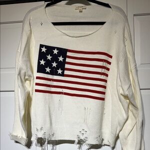 eesome Distressed Crewneck Sweater in White with Red & Blue Flag Graphic